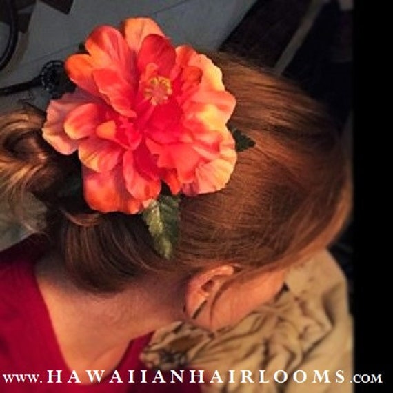 Hibiscus In Coral Hawaiian Hair Clipsilk Hibiscussilk Etsy