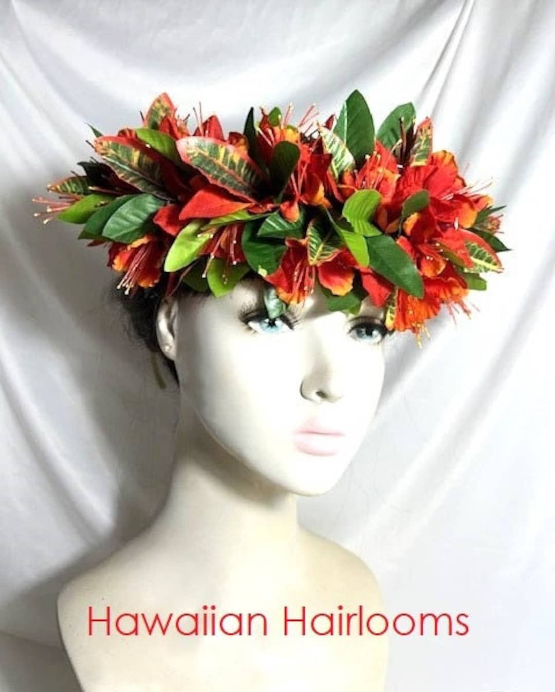 LEI PO'O Hawaiian Style-silk Ohai Ali'i, Maile Leaves and Croton Leaves ...