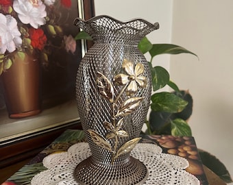 Retro metal vase with floral detail | Vintage kitsch Vase