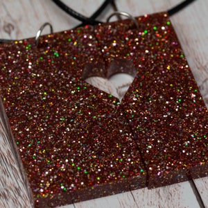Two halves heart red and gold holographic glitter resin necklace