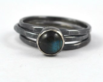 Labradorite Ring Set, Bridesmaid Gift, Stacking Ring Set, Boho Jewelry, Silver Stacking Rings, Oxidised Silver Rings, Maid of Honor Gift