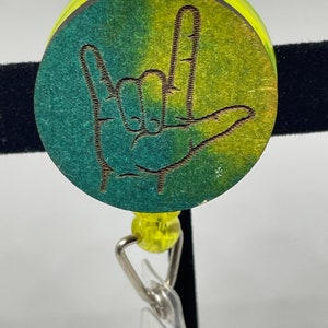Sign language badge reel, key holder, badge holder, deaf and hard of hearing, hearing loss, sign language I love you