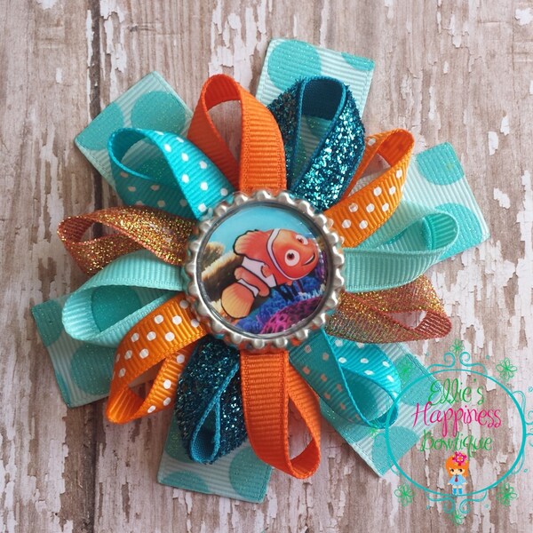 Finding Nemo inspired  Loopy flower Boutique hair bows, , grosgrain bow,, hair bows, girl hair bows