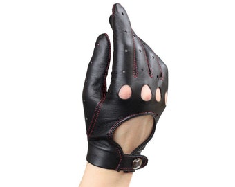 Superb car driving gloves, soft nappa lamb leather - black or red contrast stitching, great gift for her