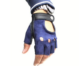 Fingerless driving gloves, soft Italian nappa lamb leather, black and navy blue gloves, great gift, suede gloves