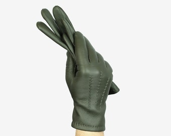 Men's, dark green deerskin warm leather gloves - soft deer leather - men's winter gloves, cashmere lined gloves