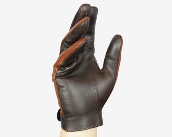 Gants de conduite pour hommes, cuir d'agneau nappa italien souple, marron clair avec mélange de couleurs marron