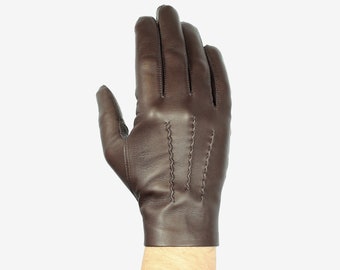 Mens unlined brown leather gloves - classic gloves with popper wrist fastener, officer gloves, very comfortable and elegant