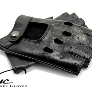 Beautiful black naplak, shiny fingerless ladies leather gloves, driving gloves, cycling gloves, scooter gloves - natural soft leather