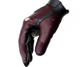 Superb car driving gloves, soft nappa lamb leather, great gift for him or her - burgund with black