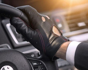 Gants de conduite de voiture pour hommes, cuir d’agneau nappa italien super doux, gants en cuir avec surpiqûres rouges, grand cadeau pour lui