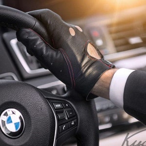 Men&#39;s car driving gloves, super soft Italian nappa lamb leather, leather gloves with red stitching, great gift for him