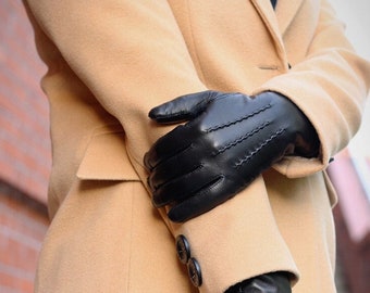 Edle schwarze Damen Lederhandschuhe - feines weiches und glattes Nappa Lammleder - warme Winterhandschuhe, mit Kaschmir gefütterte Handschuhe.