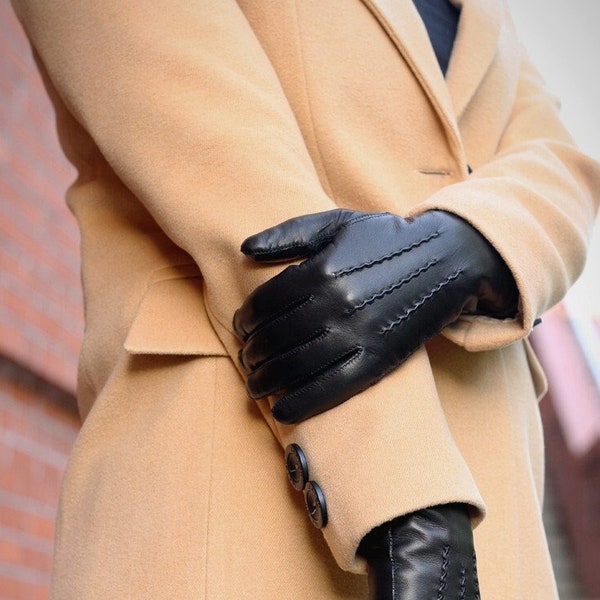 Gants en cuir noir pour femmes chics - cuir d'agneau nappa fin, doux et lisse - gants d'hiver chauds, gants doublés en cachemire.