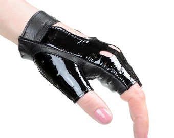 Gants en cuir pour dames sans doigts, gants de conduite, gants de vélo, gants de scooter - noir brillant latex look cuir