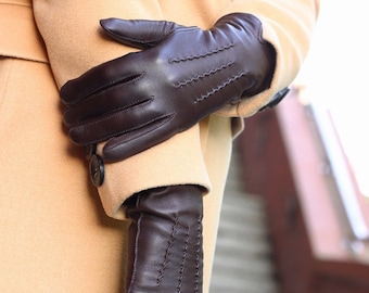Elegantes guantes de cuero marrón para mujer, piel de cordero fina, suave y lisa, cálidos guantes de invierno, guantes forrados de cachemira.