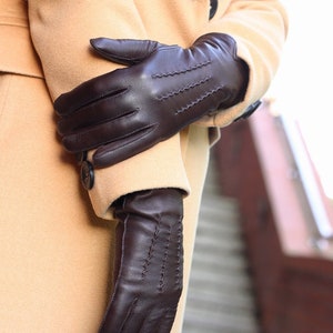 Classy women&#39;s brown leather gloves - fine soft and smooth nappa lamb leather - warm winter gloves, cashmere lined gloves.