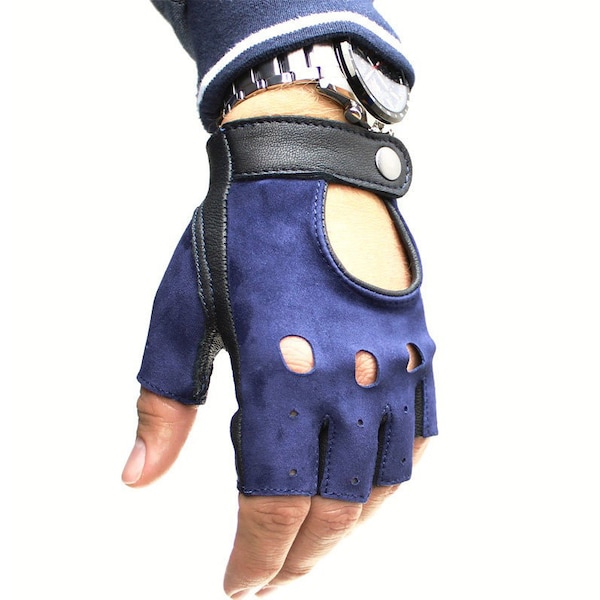 Gants de conduite sans doigts, cuir d’agneau nappa italien doux, gants noirs et bleu marine, grand cadeau, gants en daim