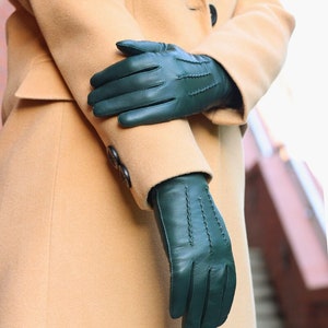 Classy women&#39;s green leather gloves - fine soft and smooth nappa lamb leather - warm winter gloves, cashmere lined gloves.