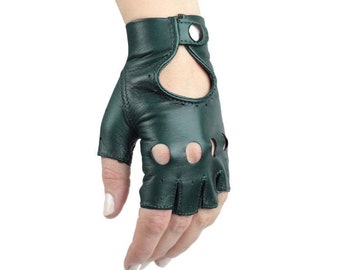 Fingerless dark green natural leather driving gloves, cycling gloves, scooter gloves