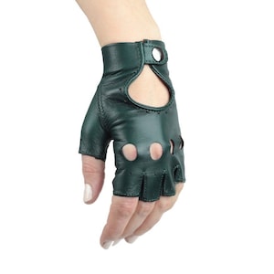 Fingerless dark green natural leather driving gloves, cycling gloves, scooter gloves