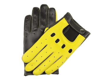 Sports car gloves, soft Italian nappa lamb leather, black and yellow leather gloves