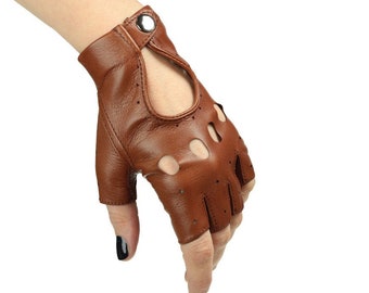 Fingerless light brown, cognac leather gloves, driving gloves, cycling gloves, scooter gloves