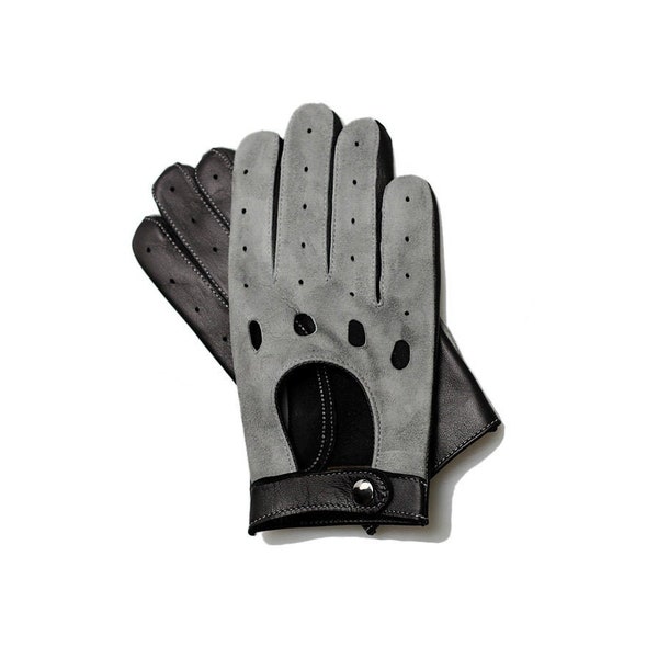 Men's car driving gloves, soft Italian black nappa lamb leather and gray suede,