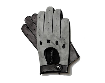 Men's car driving gloves, soft Italian black nappa lamb leather and gray suede,