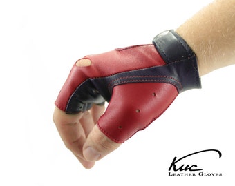 Fingerless gloves, car driving gloves, soft nappa lamb leather, great gift for him or her - black and red