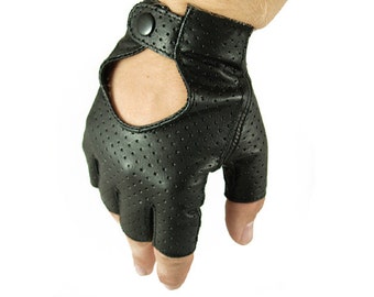 Fingerless men's leather gloves, car driving gloves - perforated lamb leather, fingerless gloves