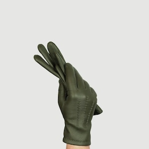 Men&#39;s, dark green deerskin warm leather gloves - soft deer leather - men&#39;s winter gloves, cashmere lined gloves