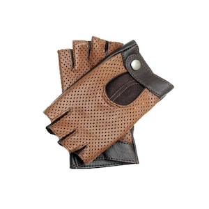 Two tones brown fingerless ladies leather gloves, driving gloves, cycling gloves, scooter gloves -brown soft perforated nappa leather
