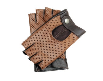 Deux tons bruns gants en cuir pour dames sans doigts, gants de conduite, gants de vélo, gants de scooter -brun doux cuir nappa perforé