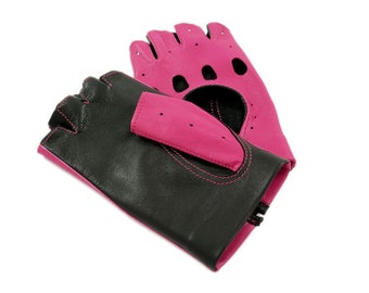 Pink fingerless leather gloves, driving gloves - italian lambskin leather
