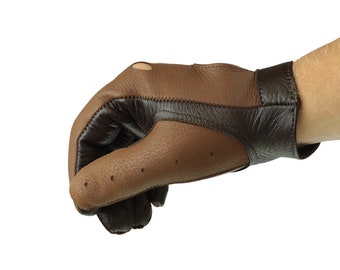 Men's leather gloves, car driving gloves, super soft deerskin leather, great gift - two tones brown gloves