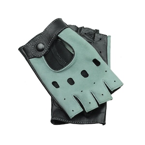 Fingerless ladies leather gloves, driving gloves, cycling gloves, scooter gloves - mint velour and black