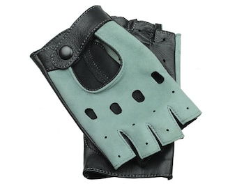 Vingerloze leren dameshandschoenen, autohandschoenen, fietshandschoenen, scooterhandschoenen - mint velours en zwart