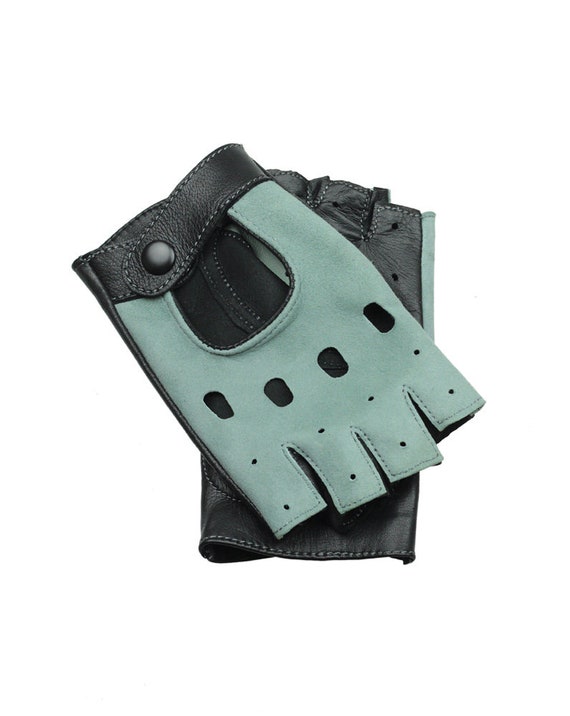 Fingerless ladies leather gloves, driving gloves, cycling gloves, scooter gloves - mint velour and black