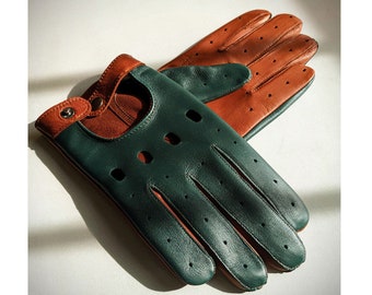 Men's car driving gloves, soft Italian nappa lamb leather, light brown with green color mix driving gloves