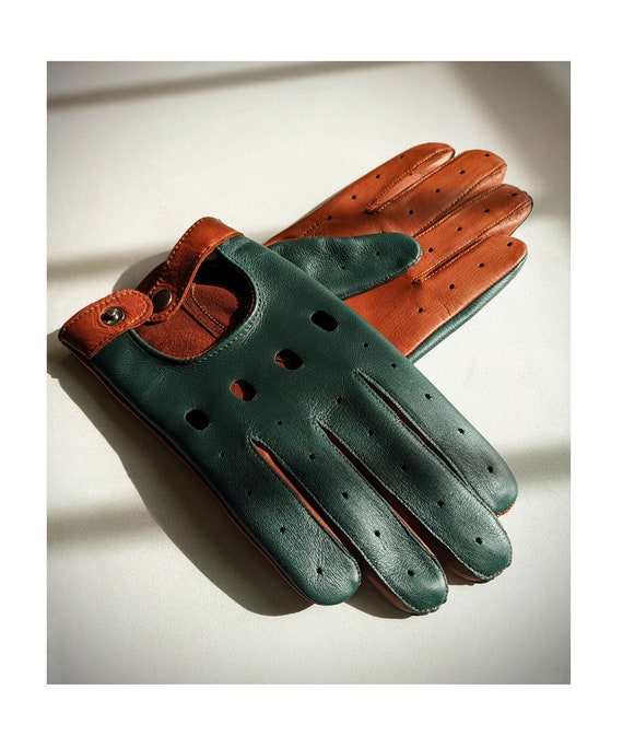 Men's car driving gloves, soft Italian nappa lamb leather, light brown with green color mix driving gloves
