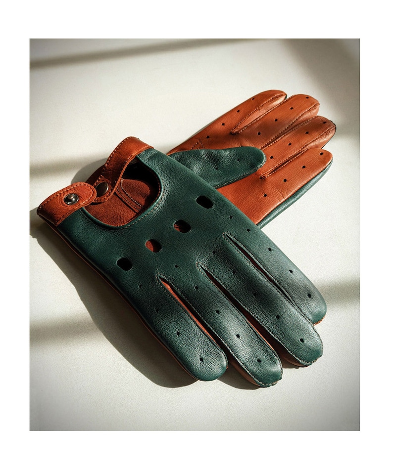Men's car driving gloves, soft Italian nappa lamb leather, light brown with green color mix driving gloves image 1
