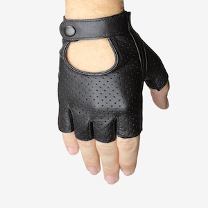 Fingerless men&#39;s leather gloves, car driving gloves - perforated lamb leather, fingerless gloves