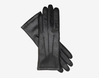 Gants chauds en cuir de cerf nordique noir pour femmes - cuir souple et fin - gants d'hiver chauds, gants doublés de cachemire.