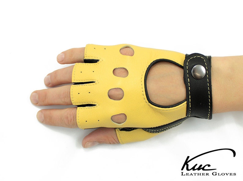 Beautiful black and yellow fingerless leather gloves driving Etsy