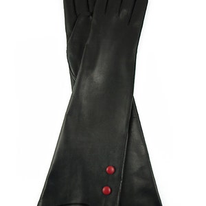 Beautiful long leather gloves, opera leather gloves with three red buttons soft italian nappa lamb leather image 4