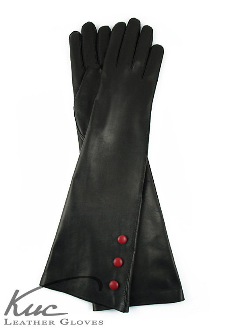 Beautiful long leather gloves, opera leather gloves with three red buttons soft italian nappa lamb leather image 4