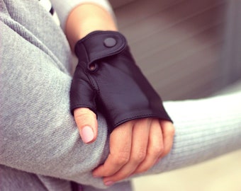 Guantes de piel para mujer modernos y de moda sin dedos, mitones sin dedos, piel napa suave