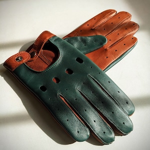Men's car driving gloves, soft Italian nappa lamb leather, light brown with green color mix driving gloves image 4