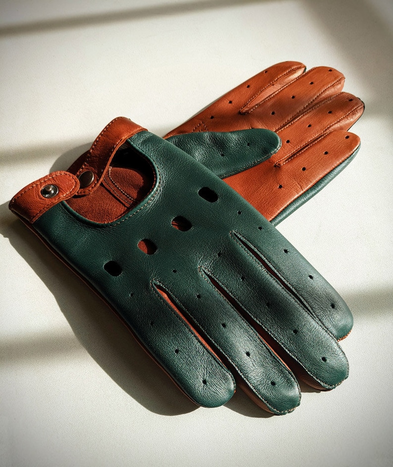 Men's car driving gloves, soft Italian nappa lamb leather, light brown with green color mix driving gloves image 4
